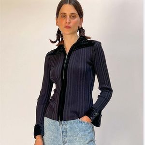 Cabi ribbed velvet trim zip front vintage cardigan/jacket/top silk blend, size M